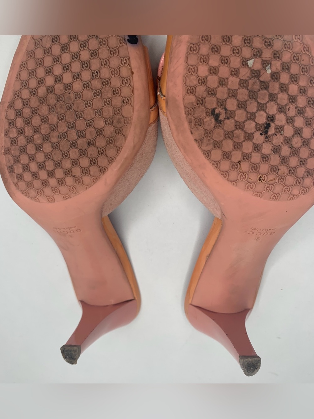 Gucci Women’s Horsebit Peach and Pink Slip-On Heeled Mules - Picture 9 of 9
